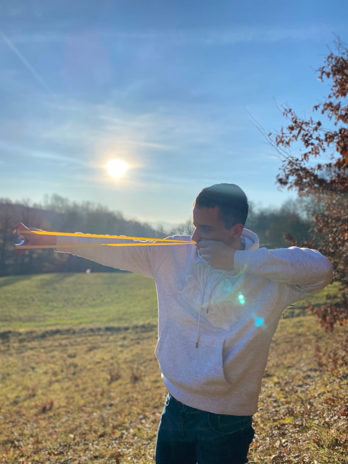 Nikola from HUNS Outdoors shooting a slingshot
